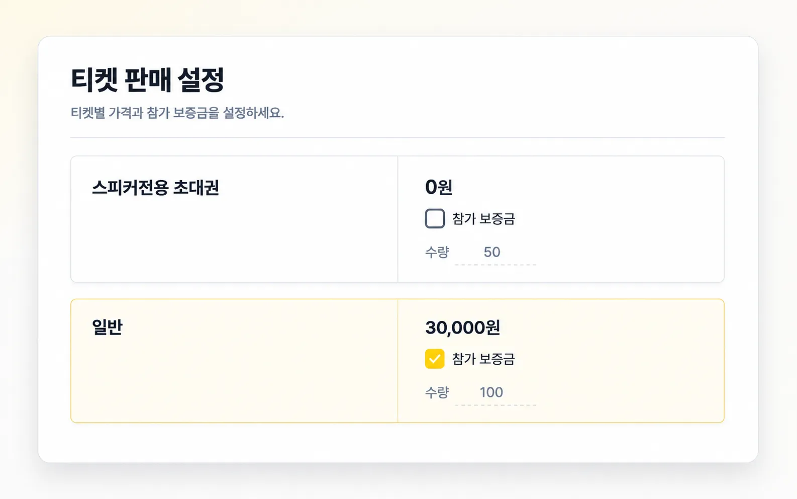 티켓별 참가 보증금을 설정하는 화면