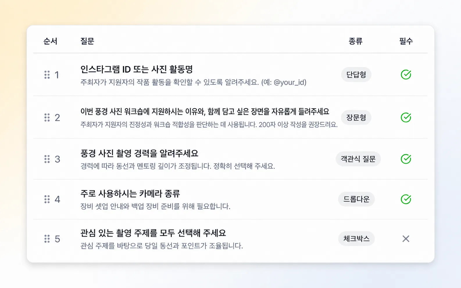 질문 유형과 필수 여부를 설정하는 참가 양식 관리 화면